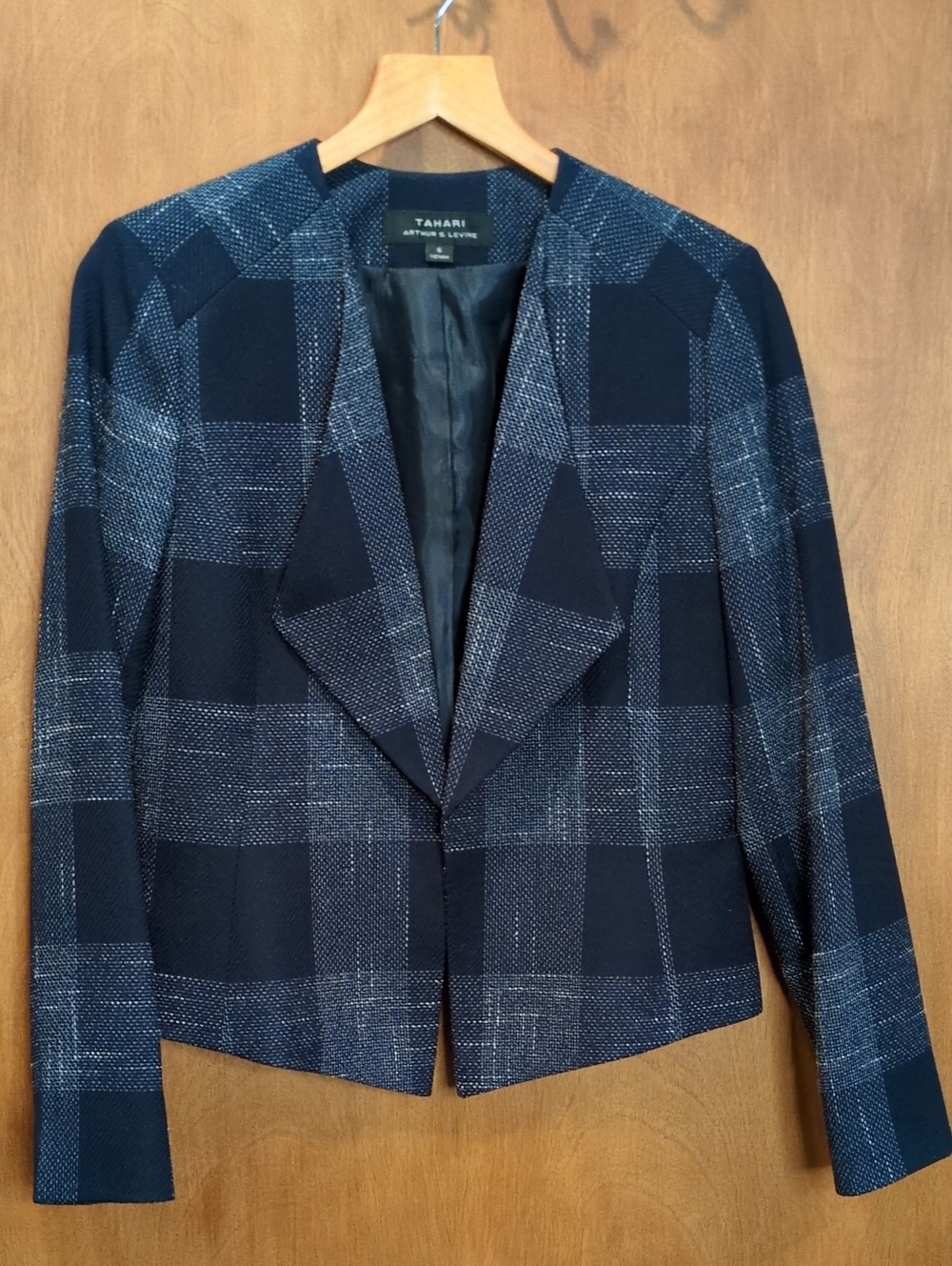 Tahari ASL Navy Plaid Open-Front Jacket Size 6